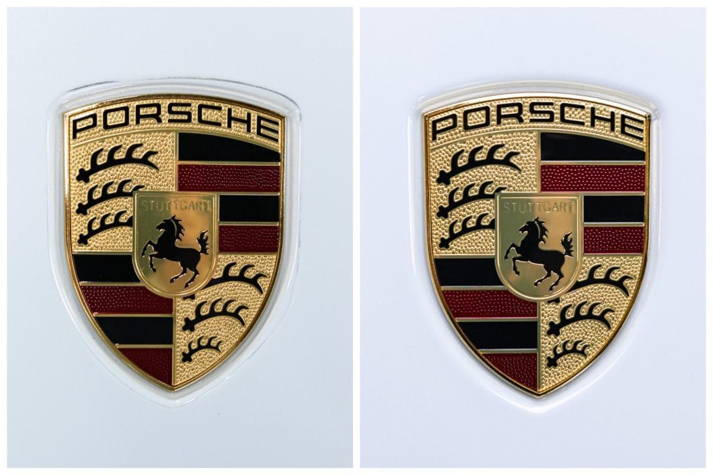 Two pictures of a porsche logo on a white background.