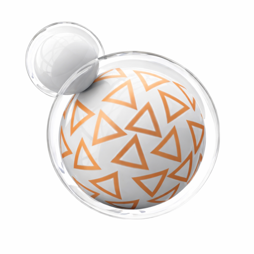 White sphere with bronze triangles within a transparent sphere, accompanied by a smaller white sphere.