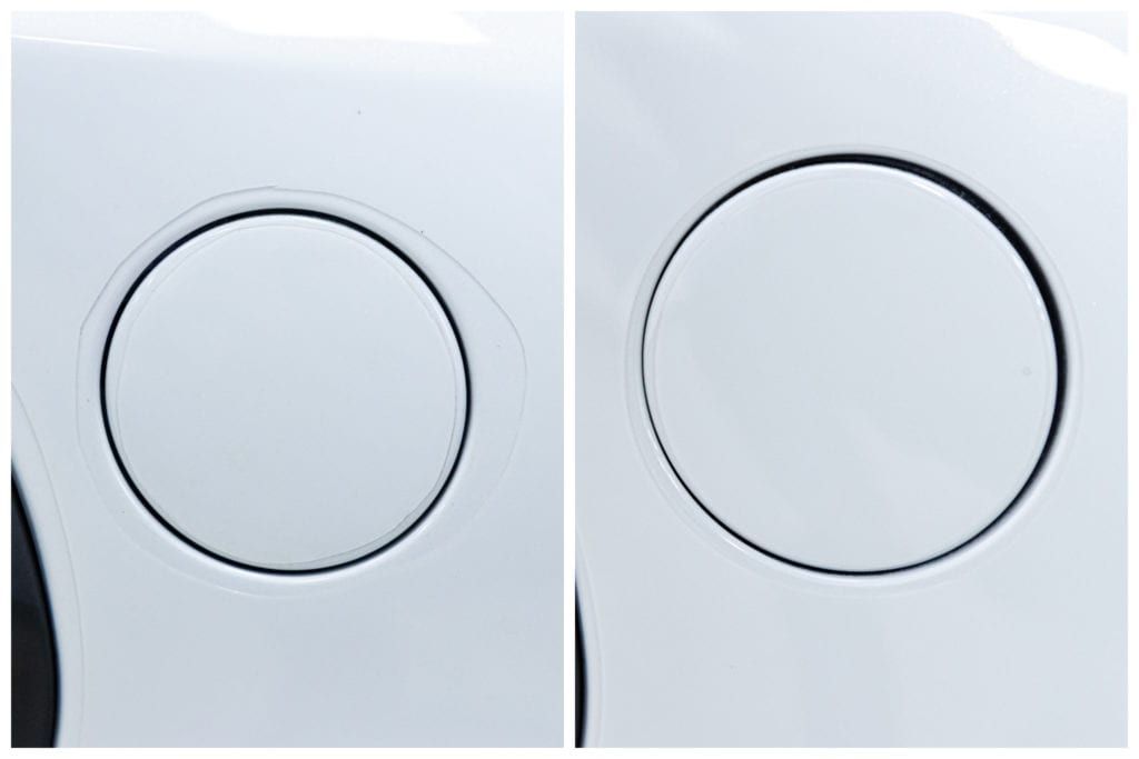 Two pictures of a white object with two circles on it