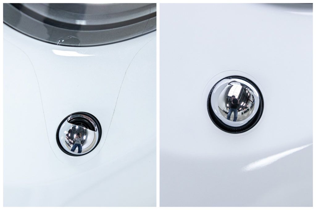 A close up of a car headlight and a close up of a car hood.