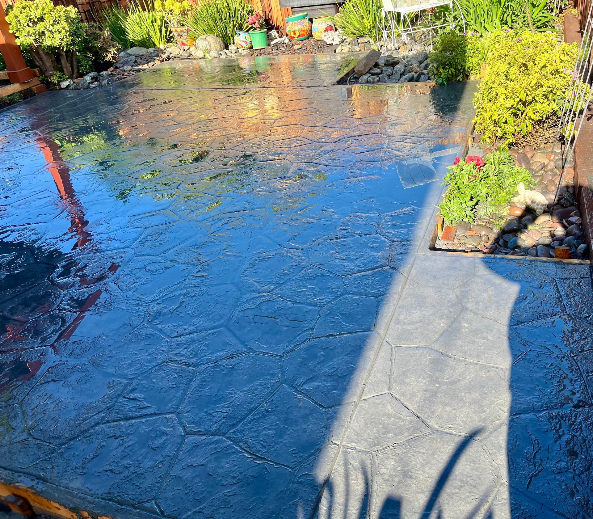 A shadow of a person is cast on a concrete patio in a garden.