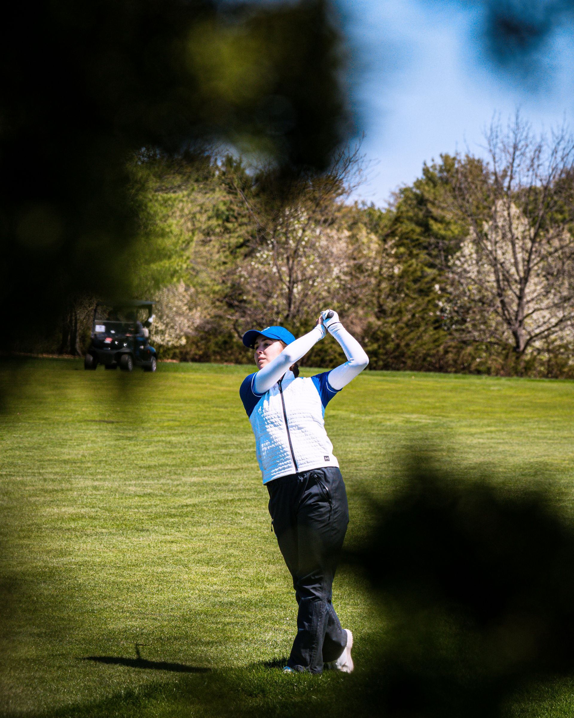 Golfer in blue shirt mid-swing on a green course with trees in the background