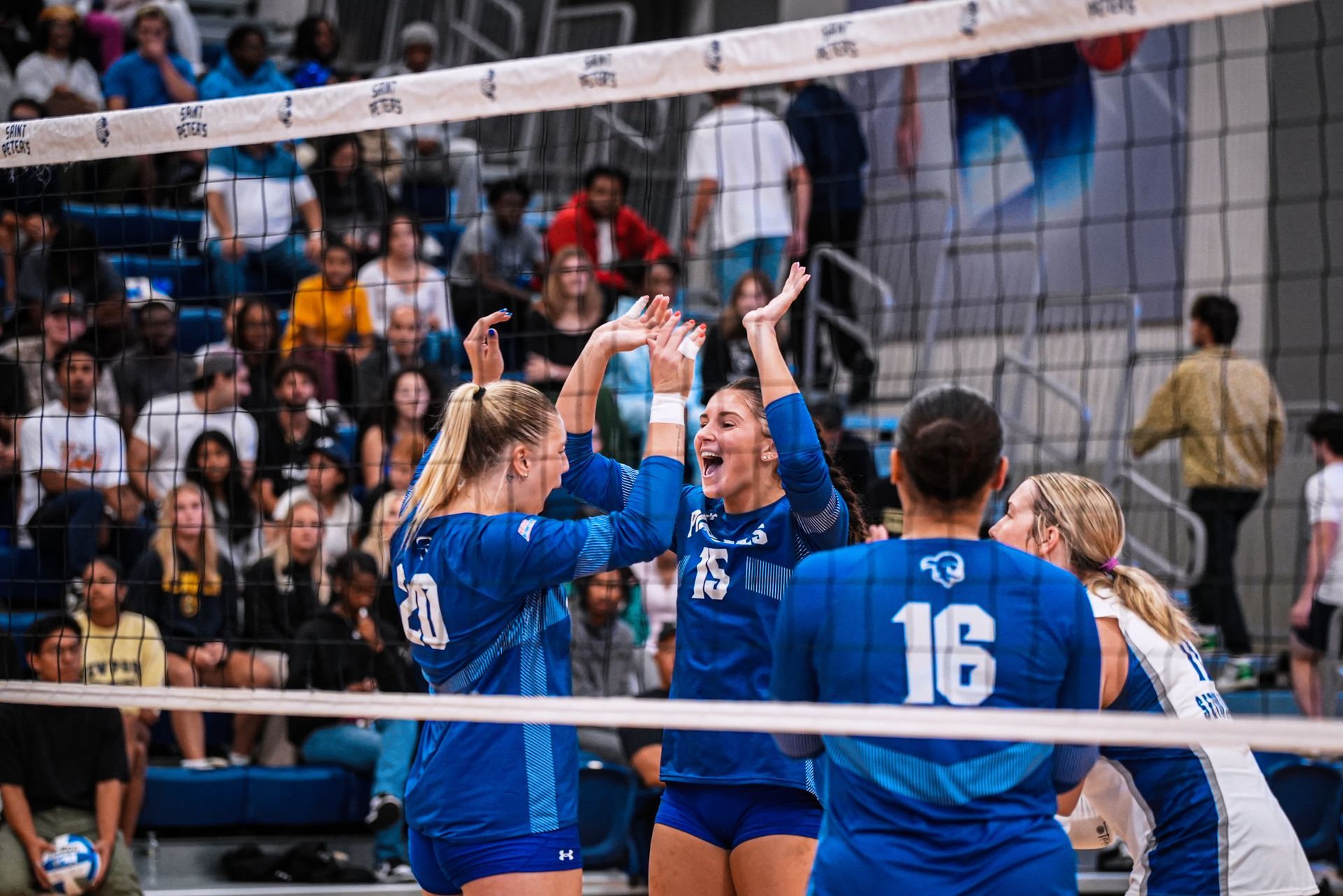Volleyball players in blue celebrate at the net during a match in an indoor gym.