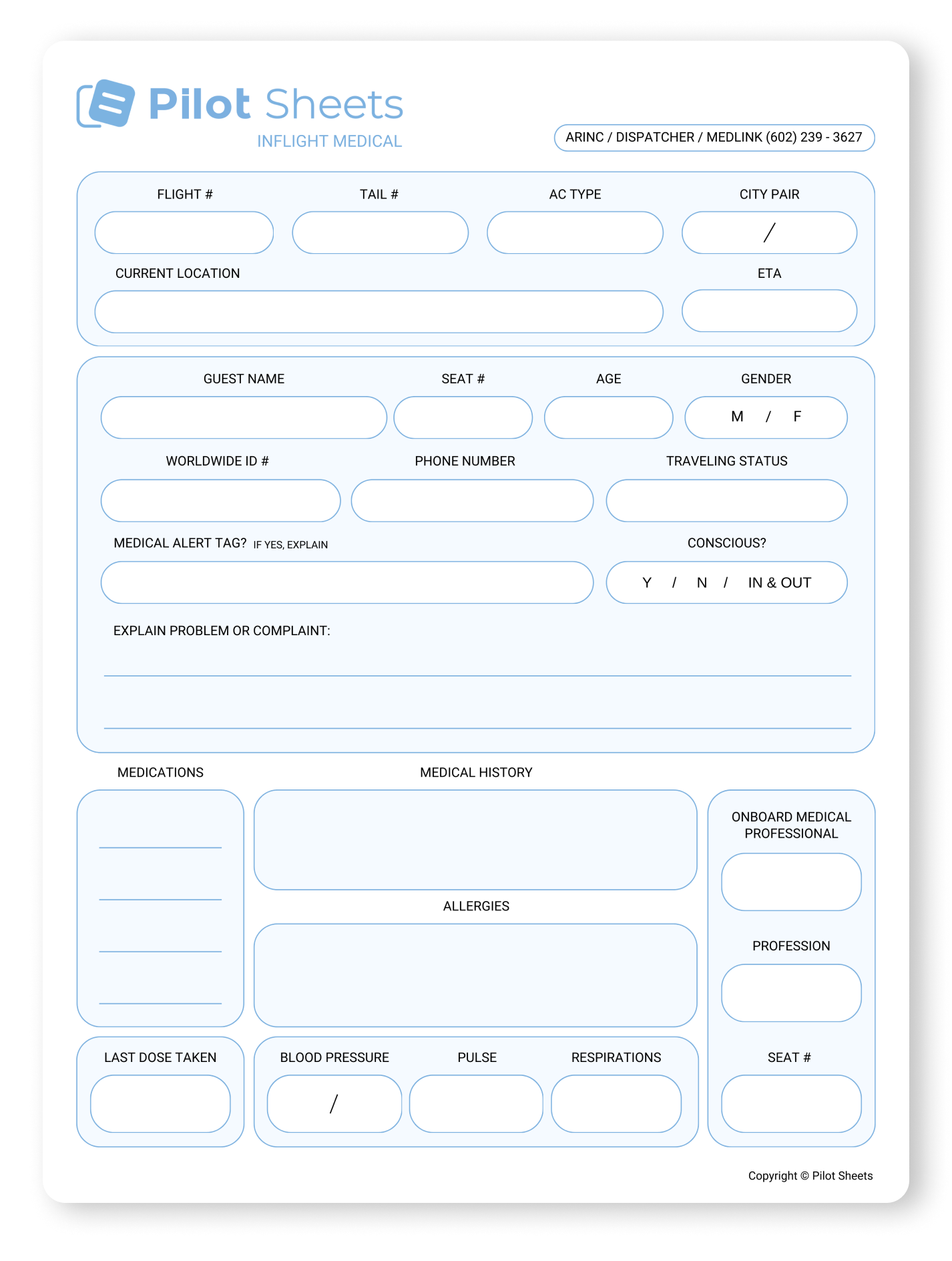 A pilot sheet with a lot of boxes and lines on it.