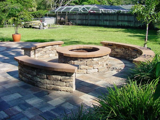 A fire pit with benches around it in a backyard