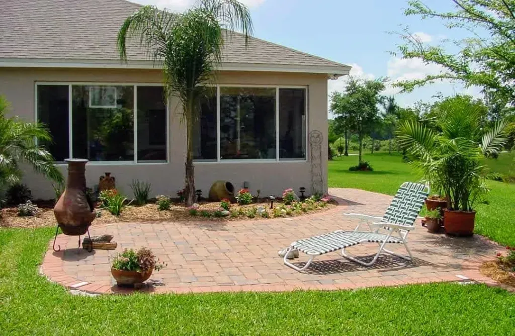 A house with a patio in front of it
