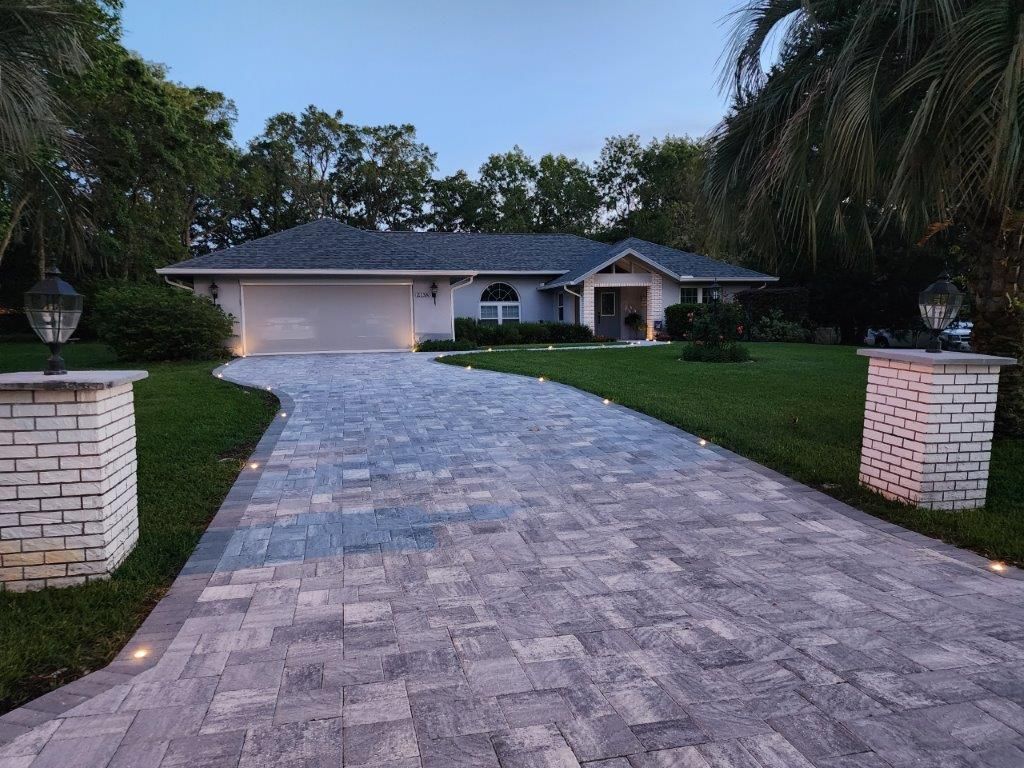 A driveway leading to a house with a palm tree in the background