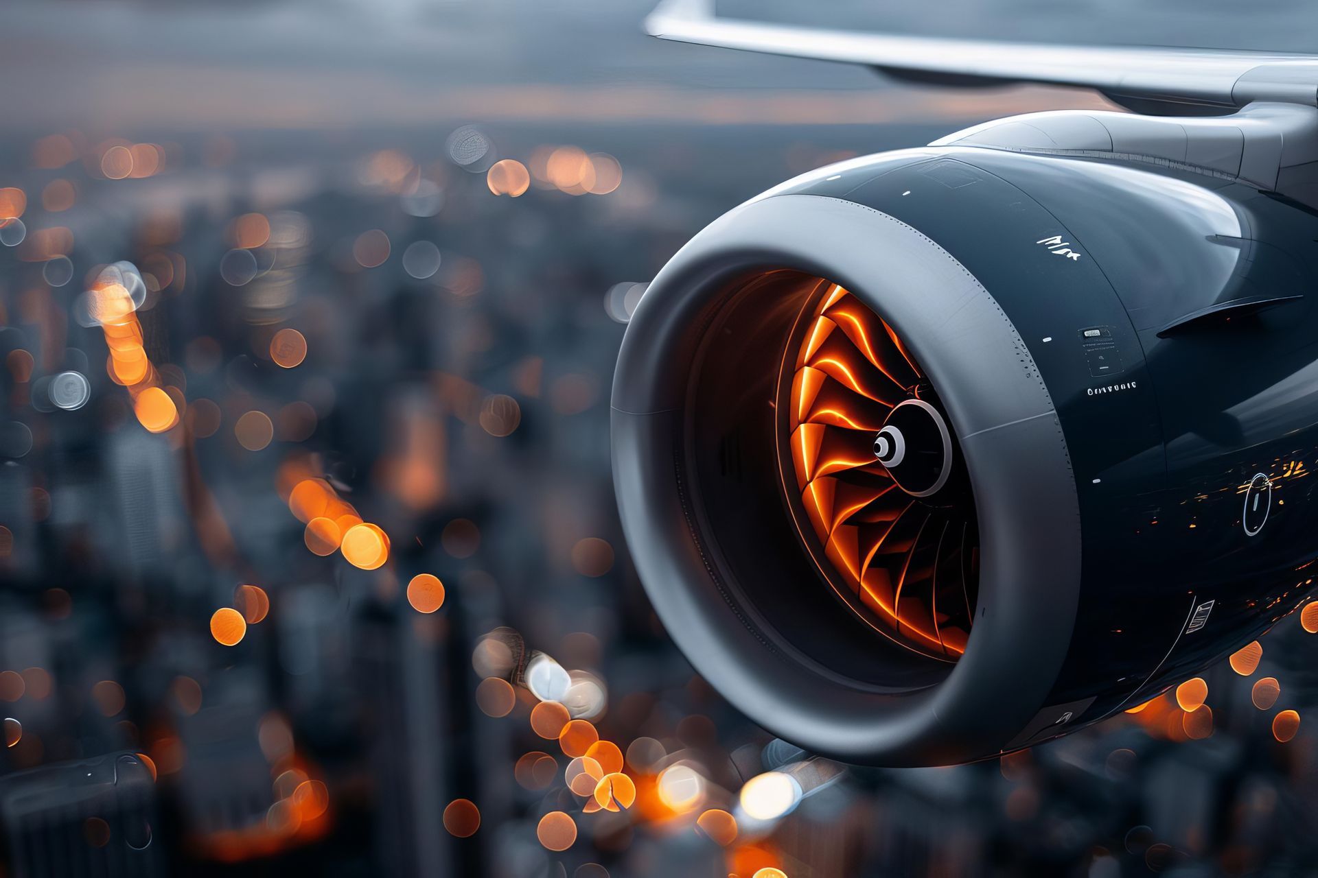 A close up of an airplane engine flying over a city at night.