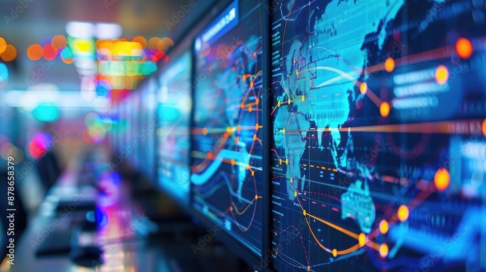 A row of computer monitors with a map of the world on them.