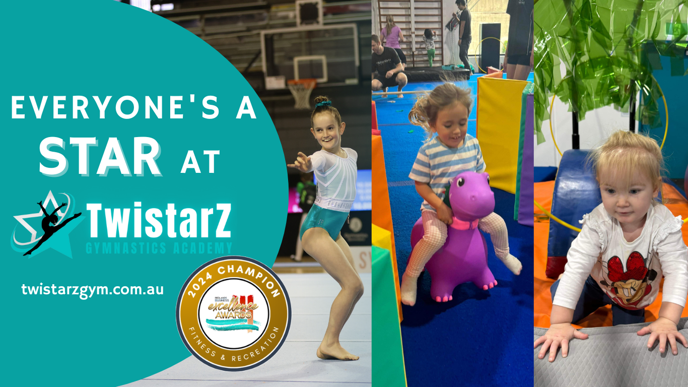 A collage of photos of children playing in a gym.