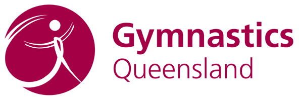 The logo for gymnastics queensland is a pink circle with a person in it.