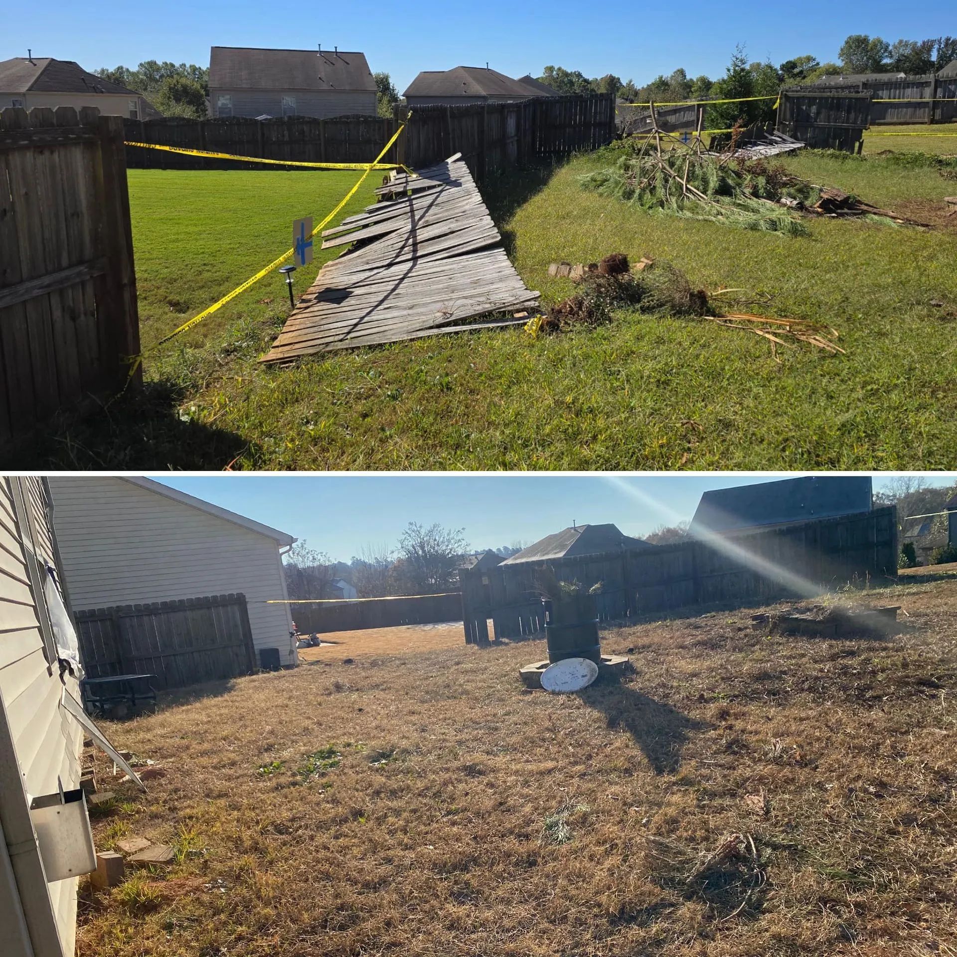 Top: Backyard with damaged fence and debris. Bottom: Same backyard cleared and restored.