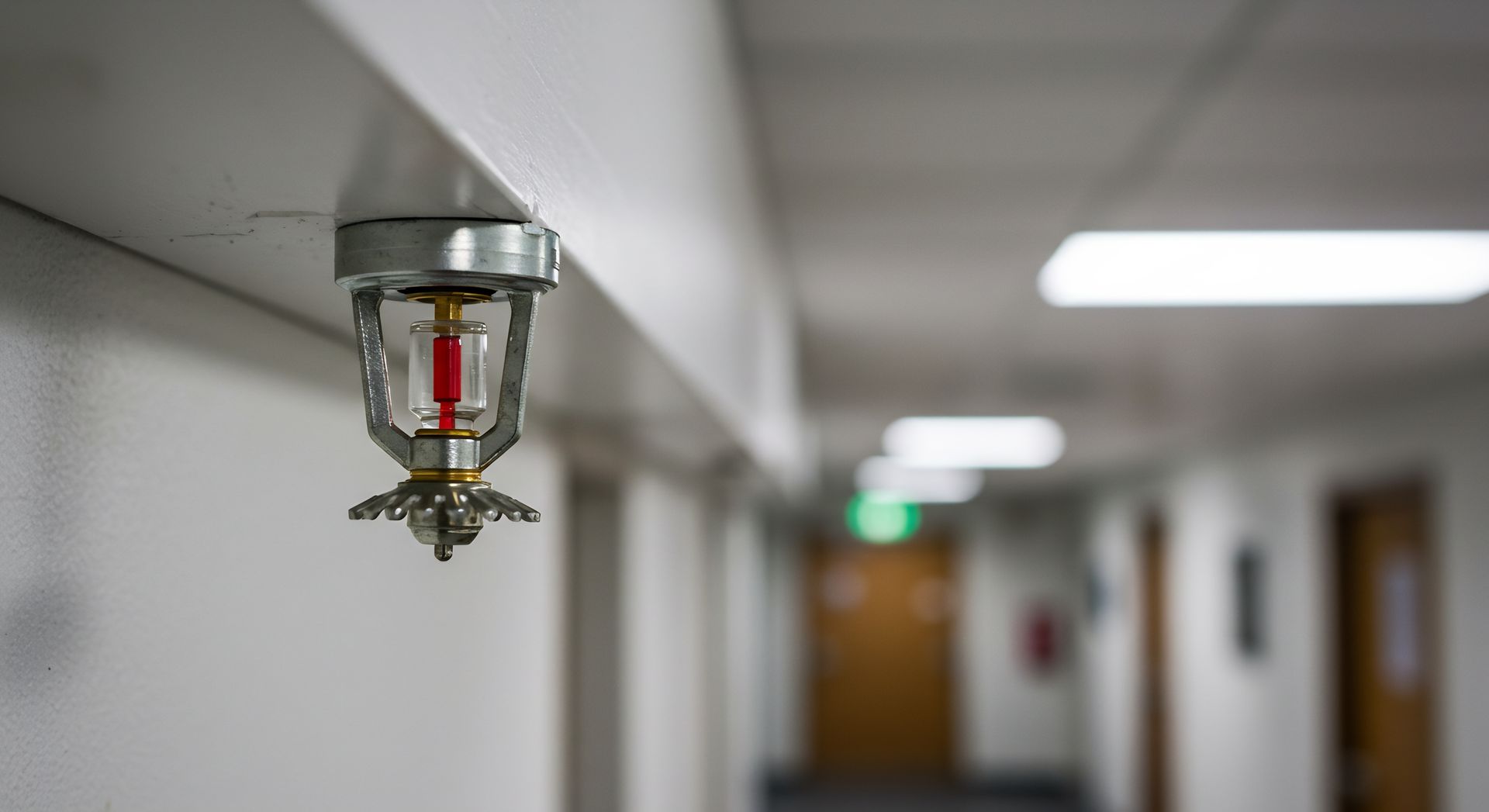 Close-up of a sprinkler head in a corridor after fire sprinkler inspection service was made.