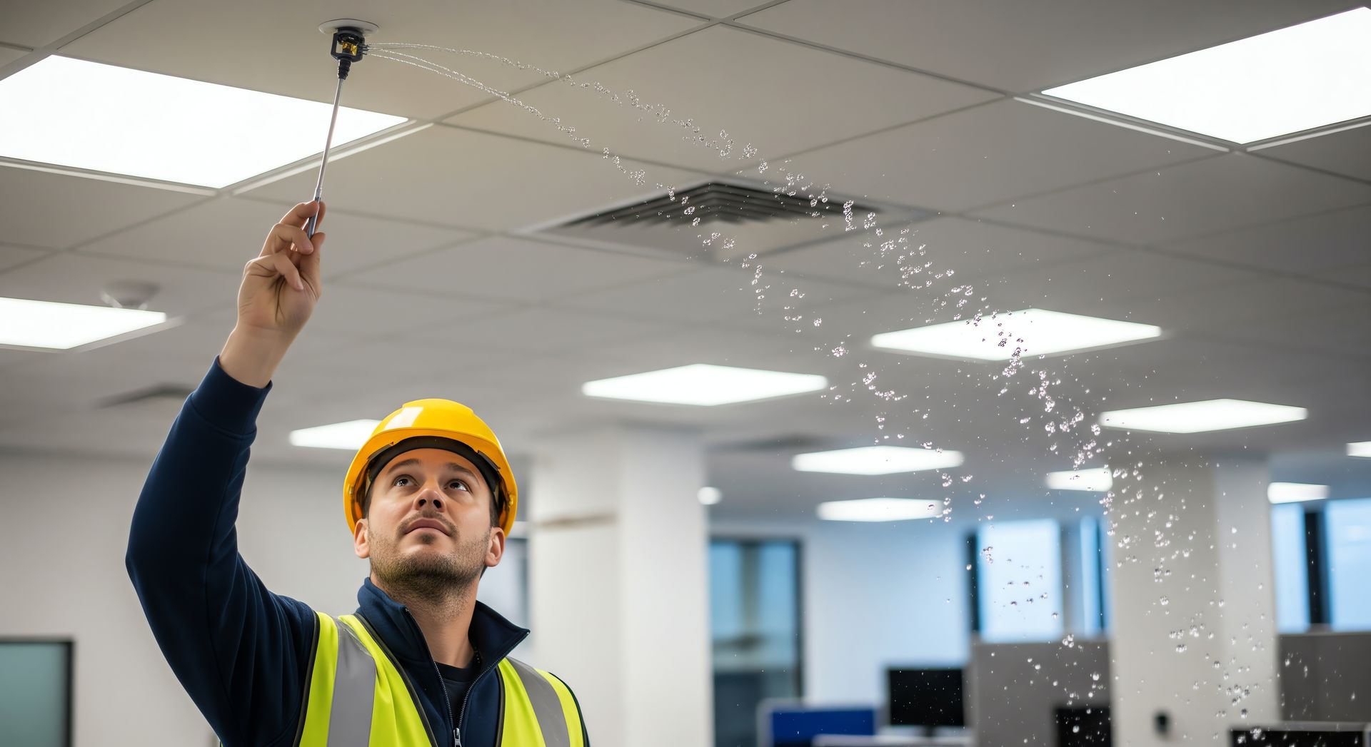 Firefighter testing sprinkler system in commercial building to ensure fire safety standards.