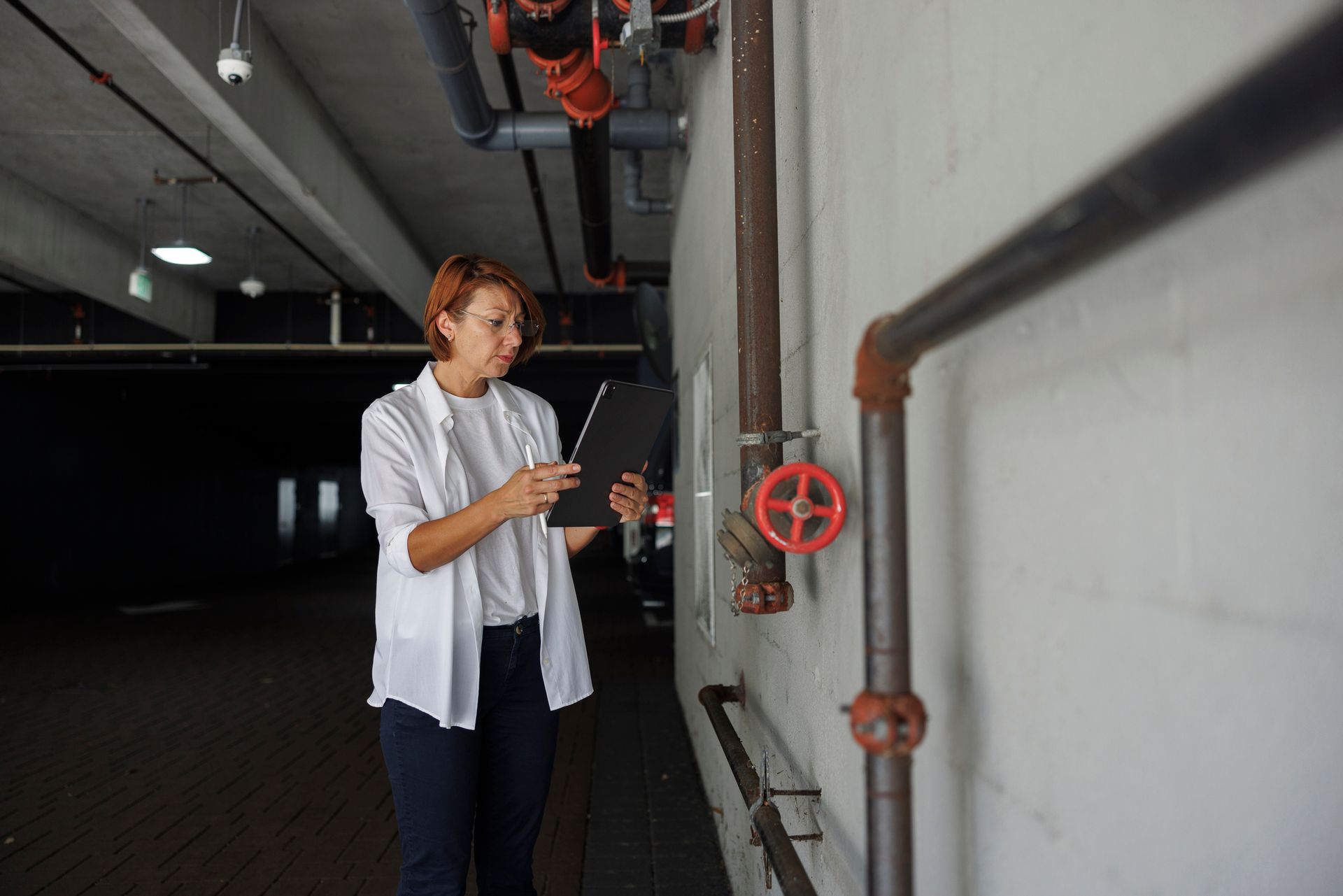 Women with red hair and glasses inspecting a fire extinguishing system in an indoor parking area. Women with red hair and glasses inspecting a fire extinguishing system in an indoor parking area.