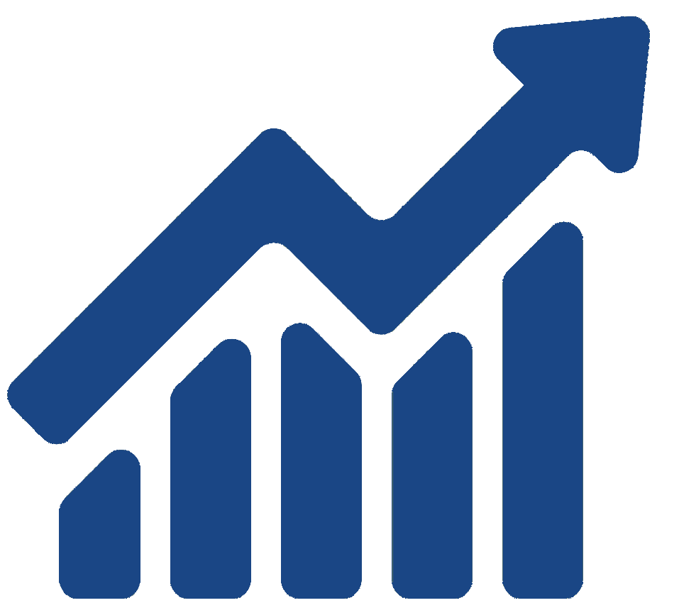 Blue bar graph with an upward-pointing arrow, indicating growth and positive trends.