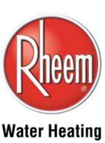 Rheem logo with white text on a red background, 