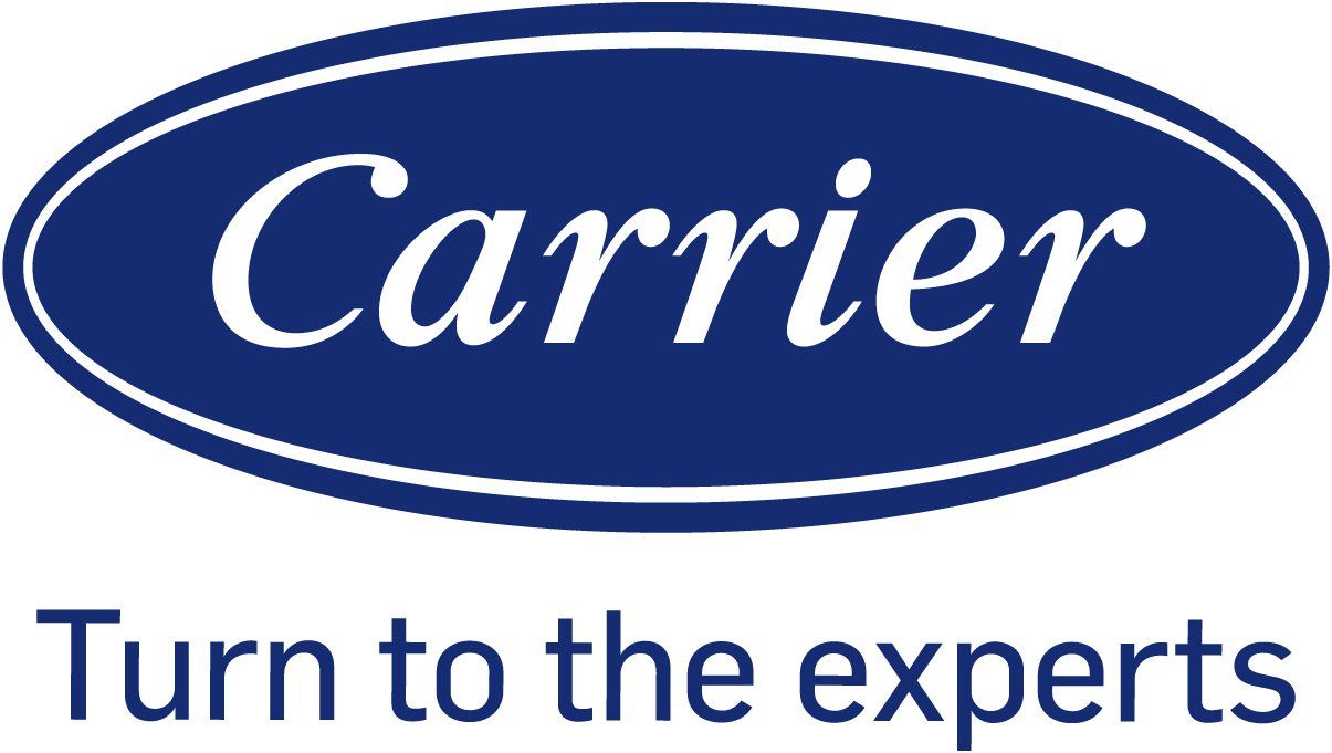 Carrier logo in an oval, blue field with white text, and tagline