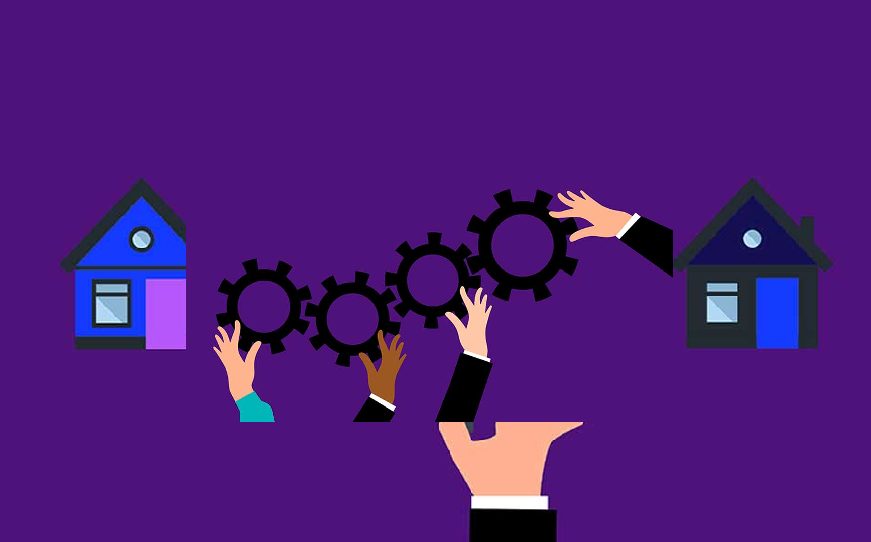 Hands passing black gears between blue house icons on a purple background for Lincoln Apartments in Lincoln NH.