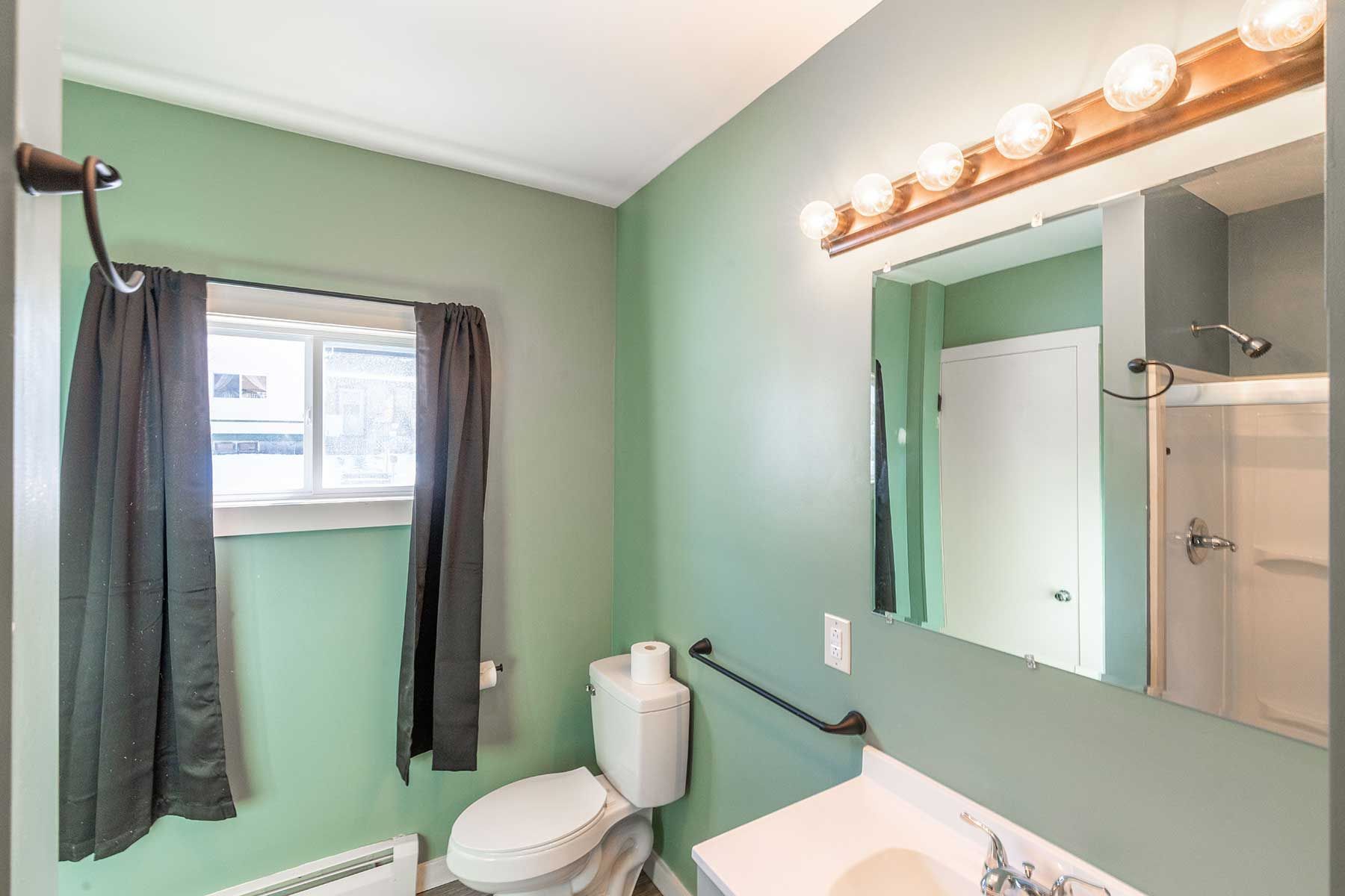 Small bathroom with mint green walls, white fixtures, window, and vanity lighting
