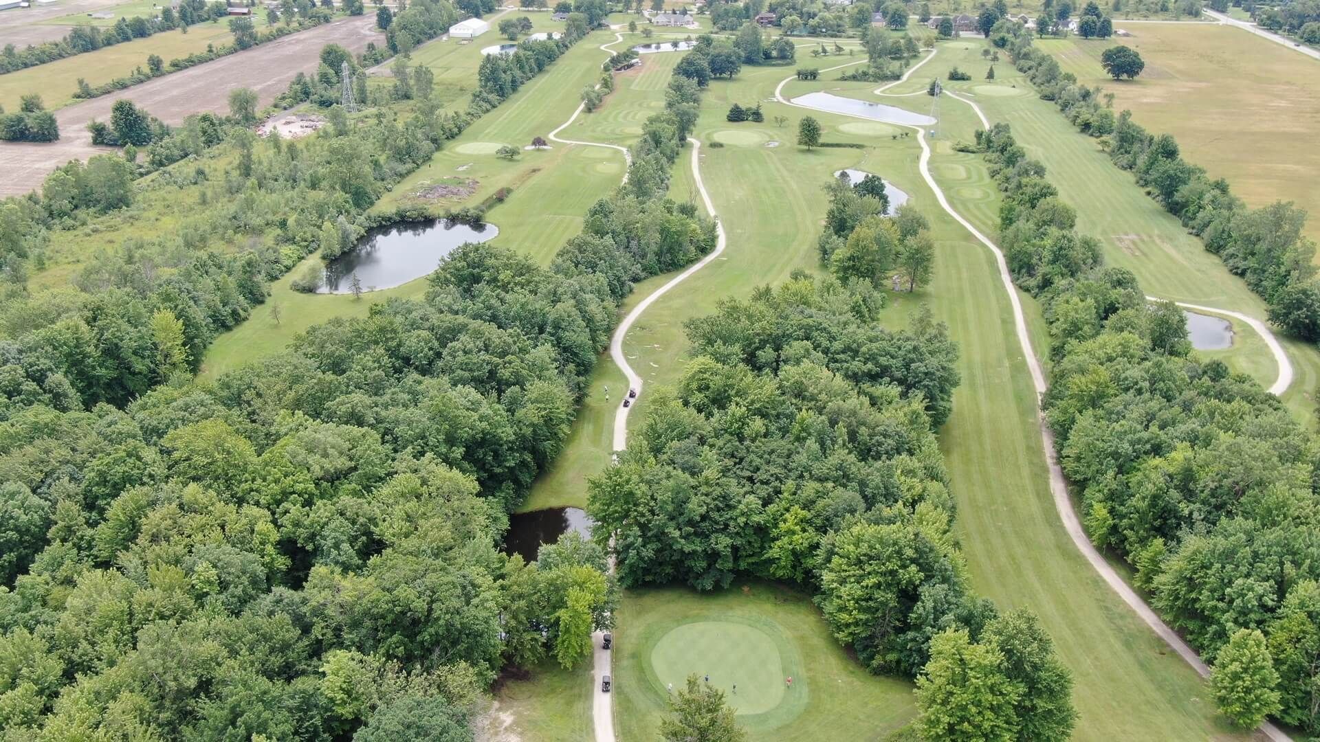An aerial view of a golf course surrounded by trees and a pond.