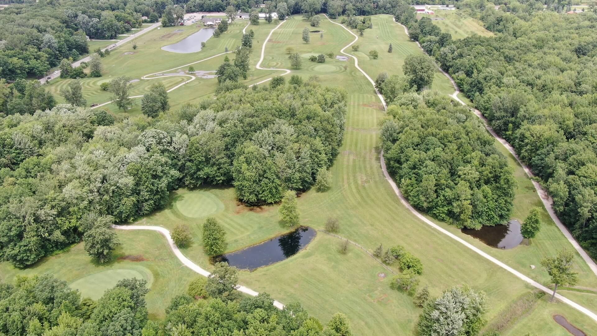 An aerial view of a golf course surrounded by trees.