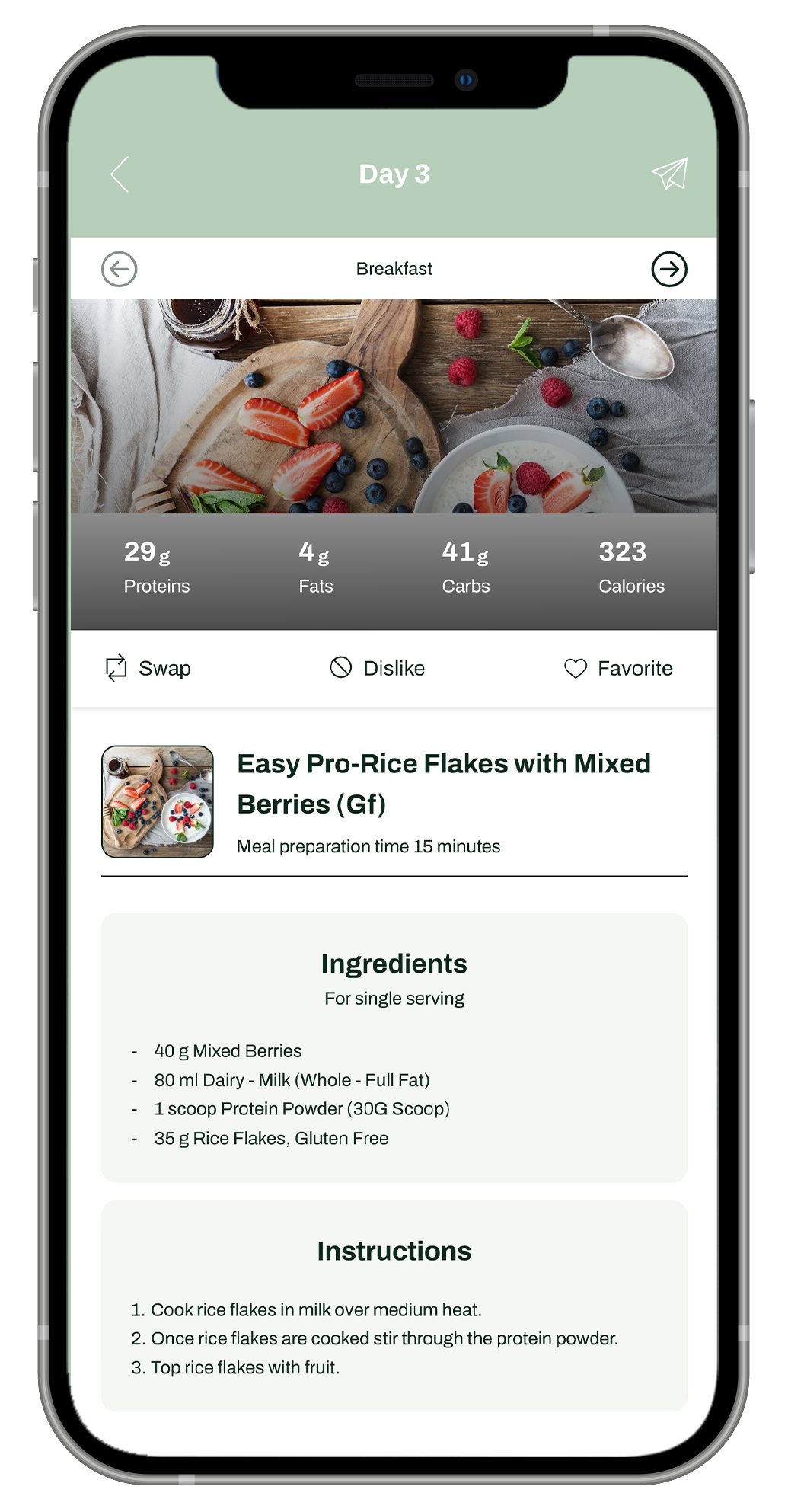 Stronger You App meal plan screen