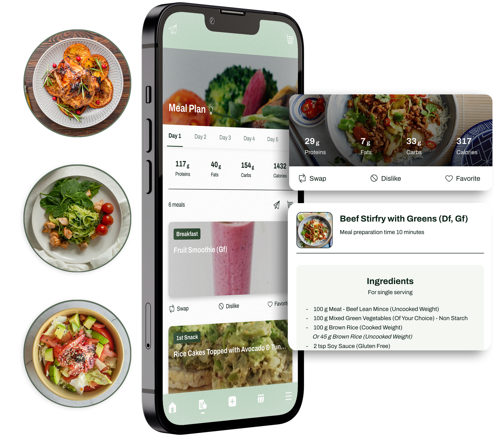 Smartphone app displaying meal recipes with dish images and nutritional info. Incredible as You App
