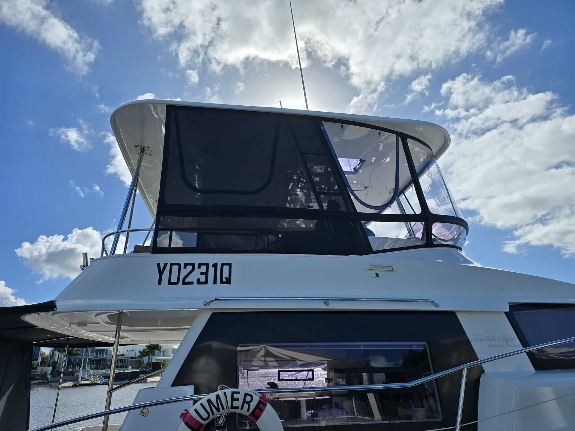 White Yacht Cabin With Black Mesh Windows — The Boat Cover Company In Buddina, QLD