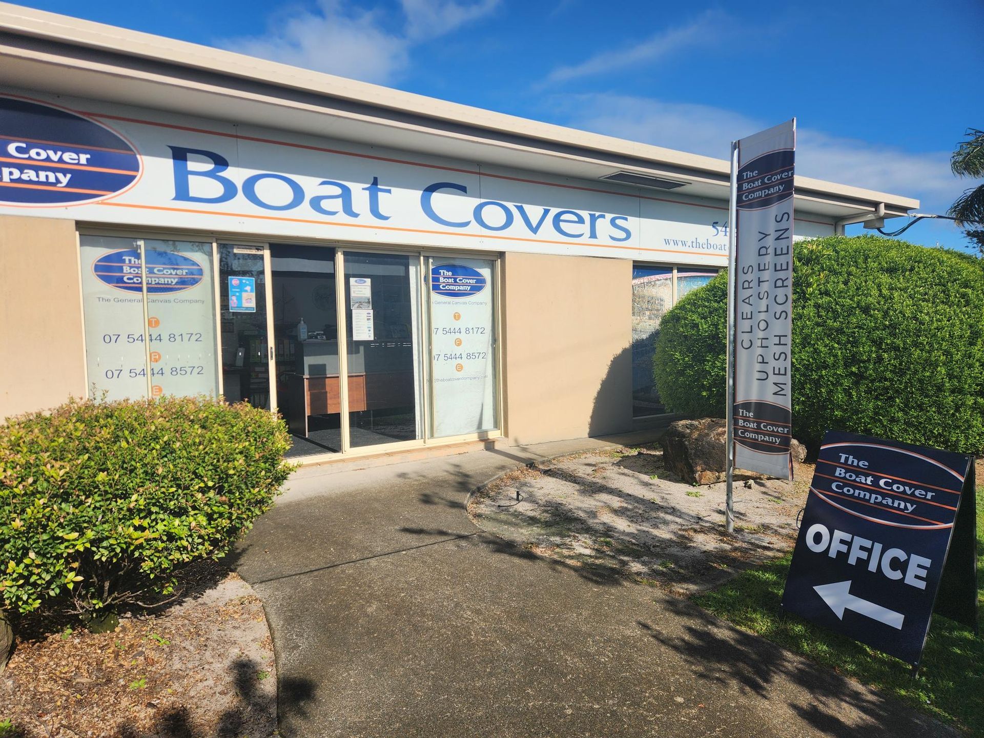 Boat Covers Storefront With a Sign and Office Sign — The Boat Cover Company In Buddina, QLD