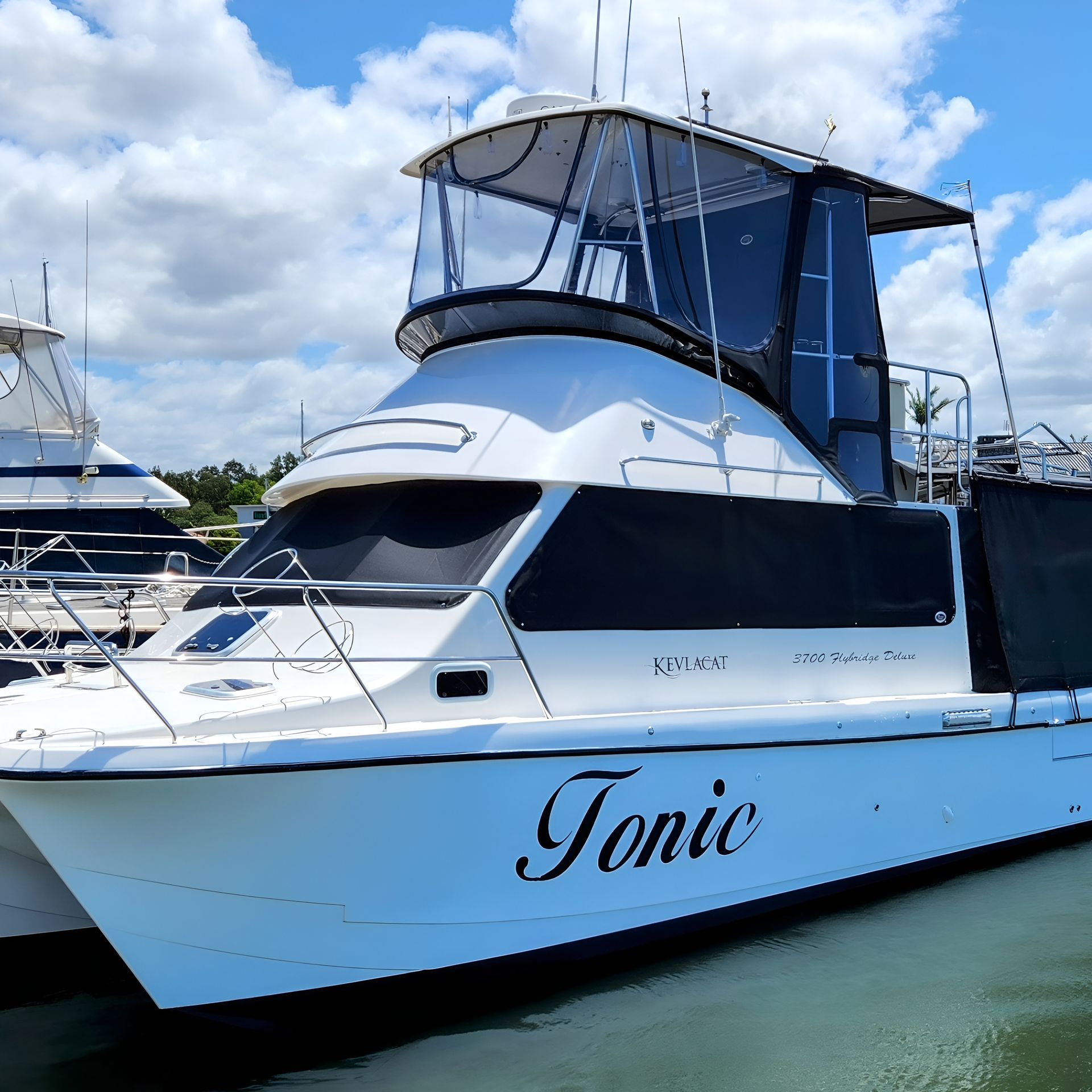White Catamaran Boat With Clear Mesh — The Boat Cover Company In Buddina, QLD