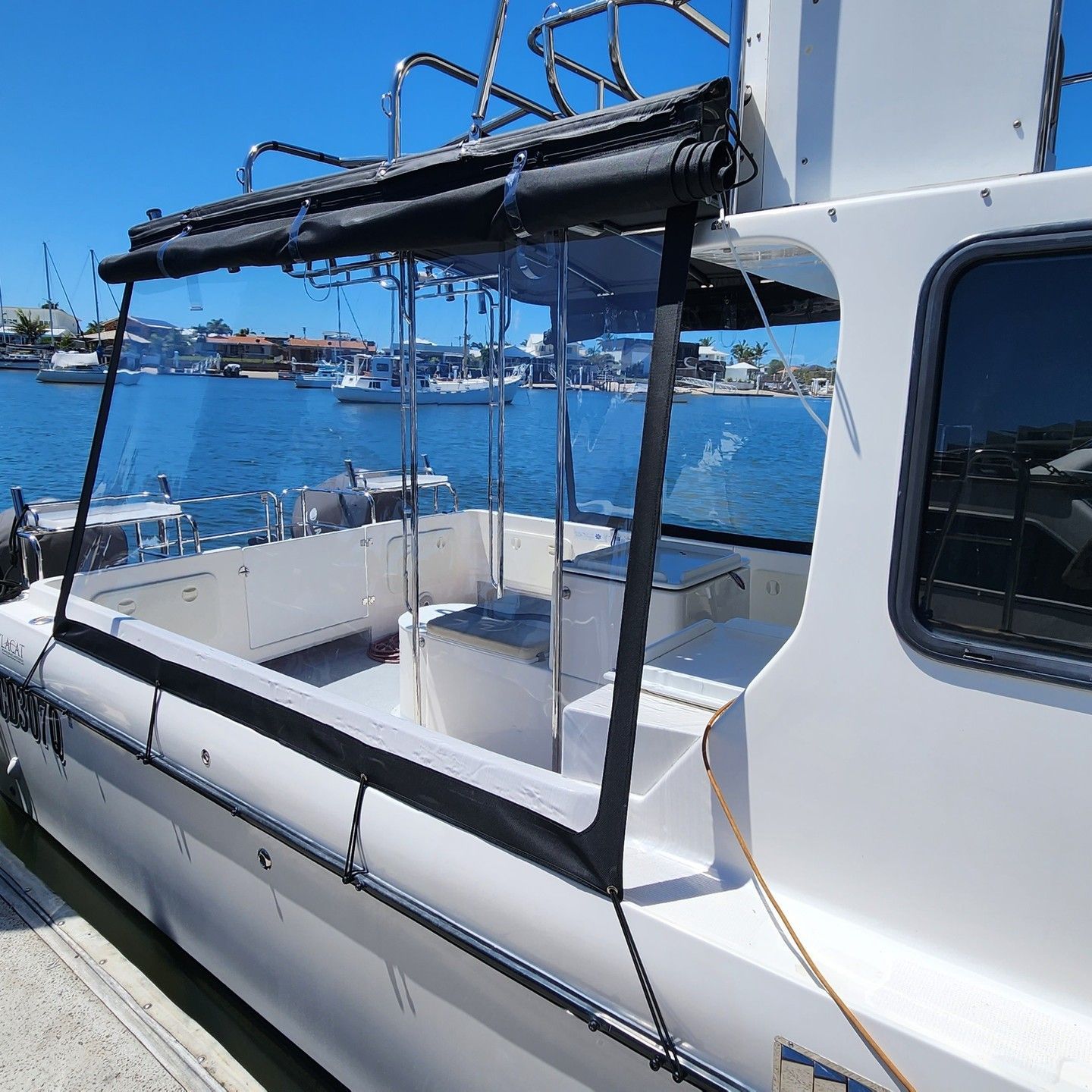 White Boat With Clear Side Panels, Black Canopy — The Boat Cover Company In Buddina, QLD