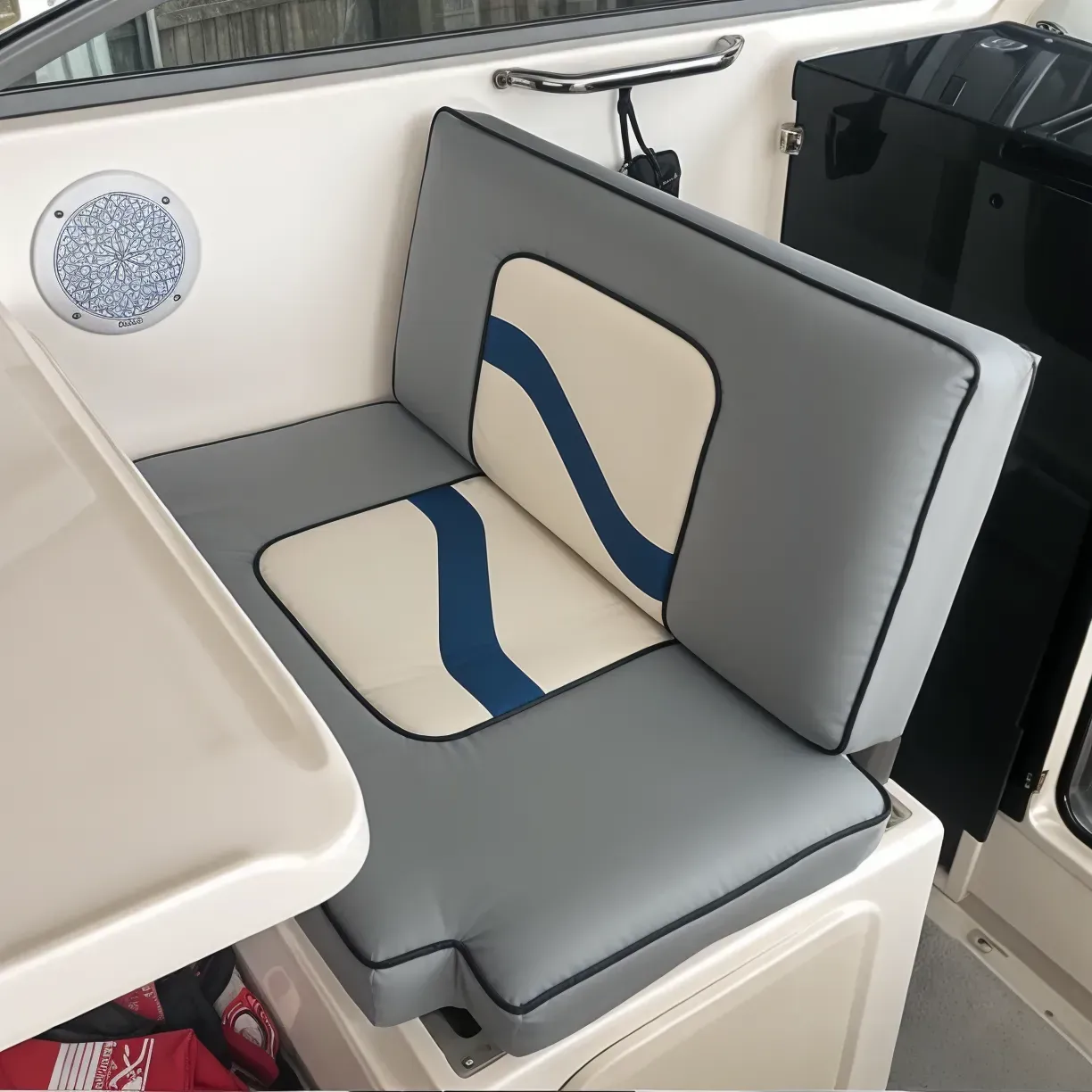 Boat Seat With Gray, White, and Blue Upholstery — The Boat Cover Company In Buddina, QLD