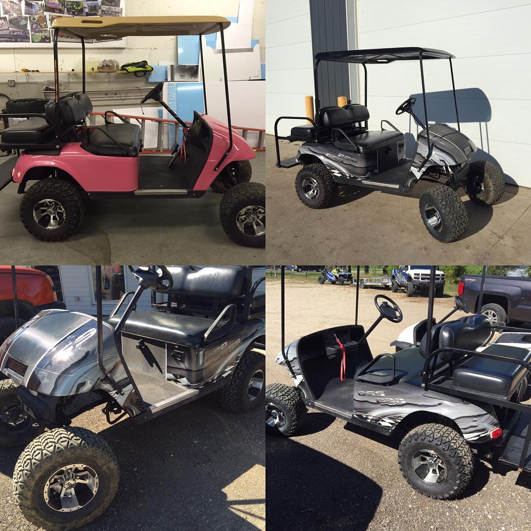 Four different golf carts are shown in a collage