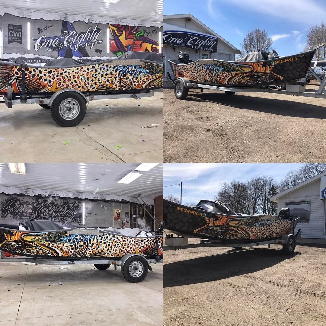 A collage of four pictures of a boat on a trailer.