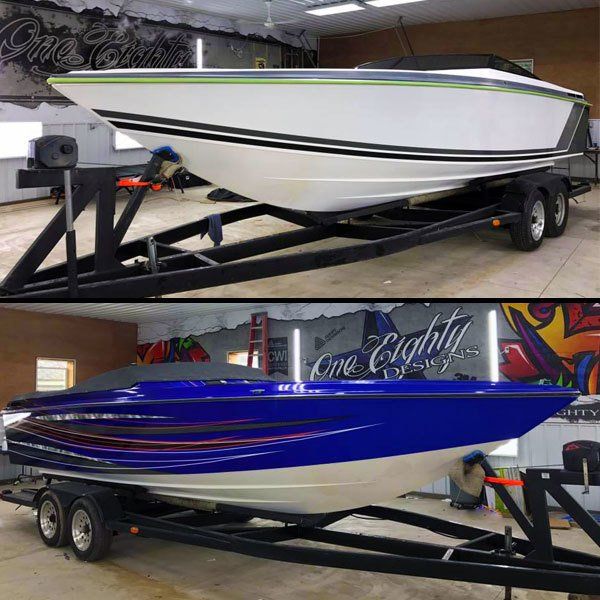 A before and after picture of a boat on a trailer