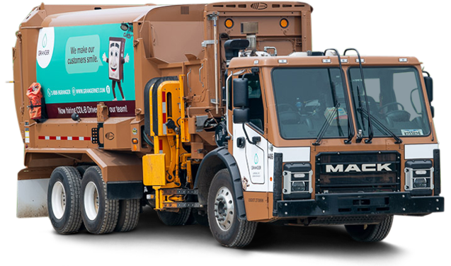 Two garbage trucks are parked next to each other on a white background.