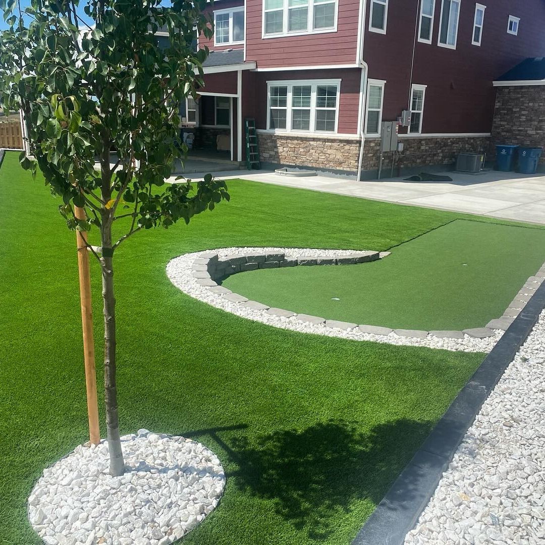 A backyard with artificial green grass, a putting green, and a young tree surrounded by white stones.