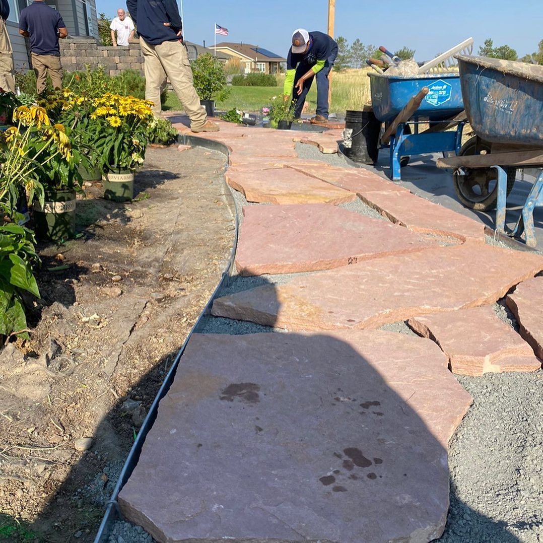 Workers laying a red stone pathway in a garden bed, with one person watering plants and a wheelbarrow nearby.