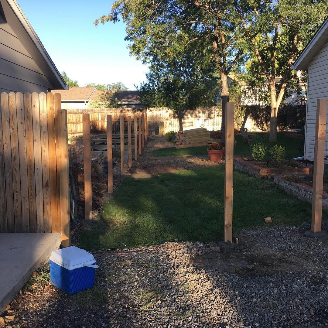 Backyard with a fence under construction. Wooden posts are set in the ground.