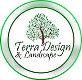 Logo for Terra Design & Landscape: A tree graphic with green leaves and brown trunk inside a green and white circular frame.