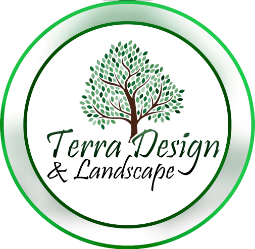Logo for Terra Design & Landscape: A tree graphic with green leaves and brown trunk inside a green and white circular frame.