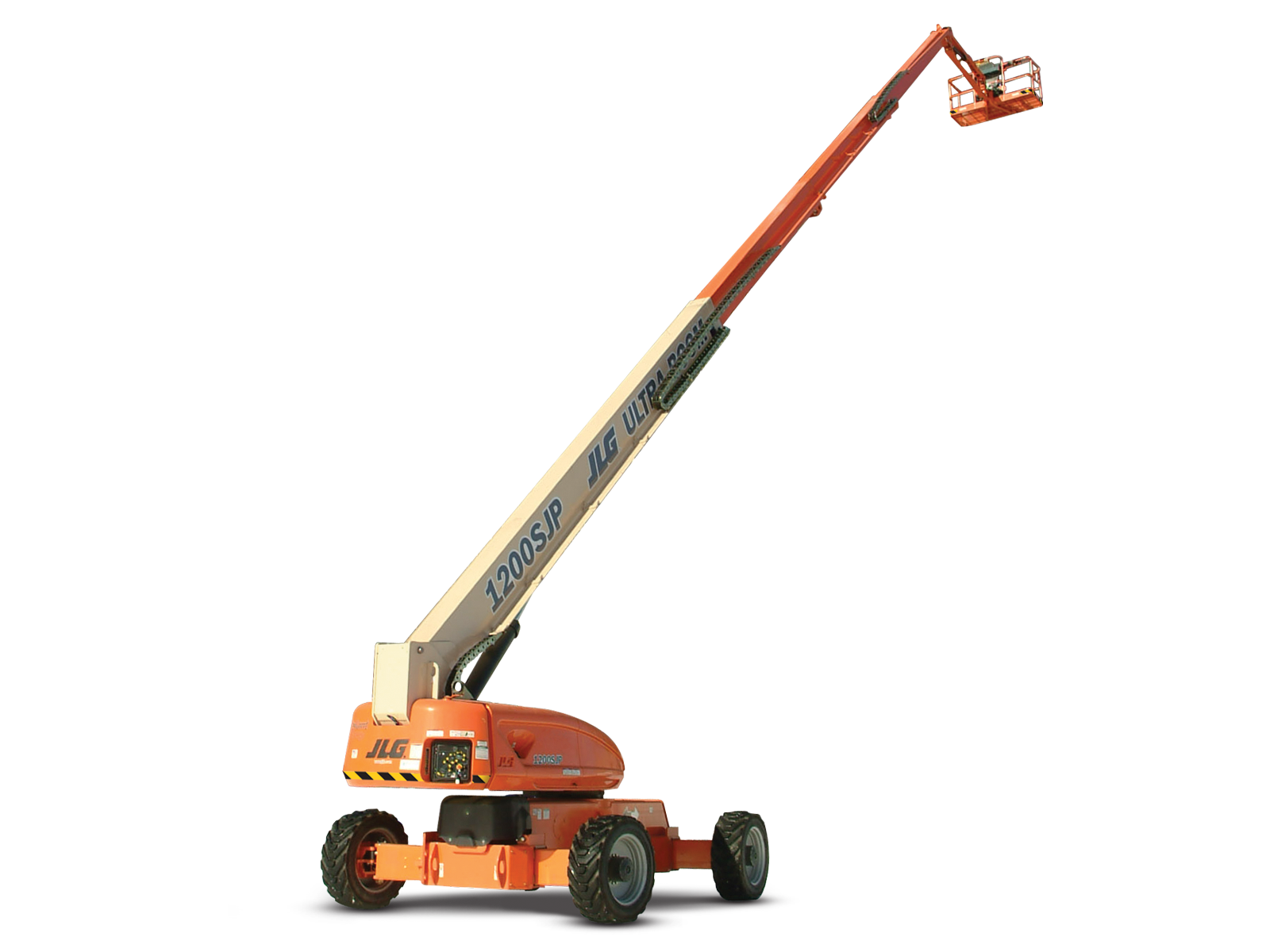 A jlg aerial lift with a very long arm on a white background.