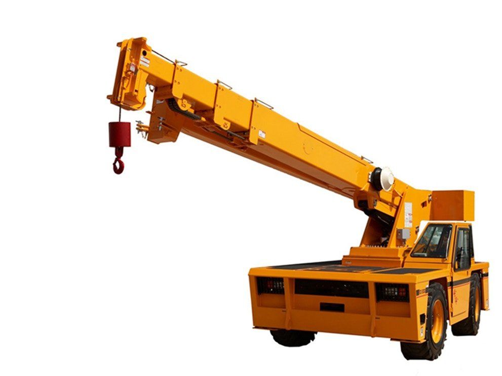 A yellow truck with a crane attached to it on a white background.