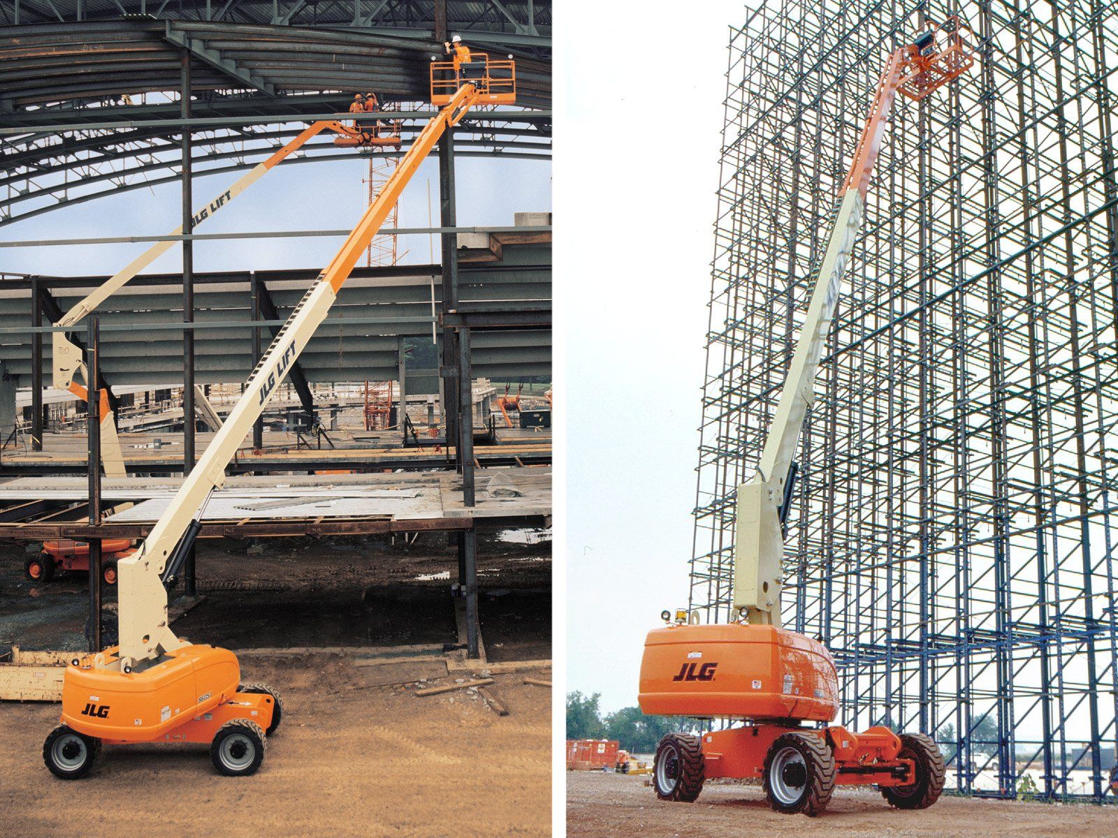 A jlg lift is sitting in front of a building under construction