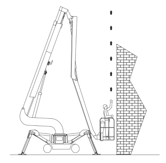 A black and white drawing of a man using a crane to reach a brick wall.