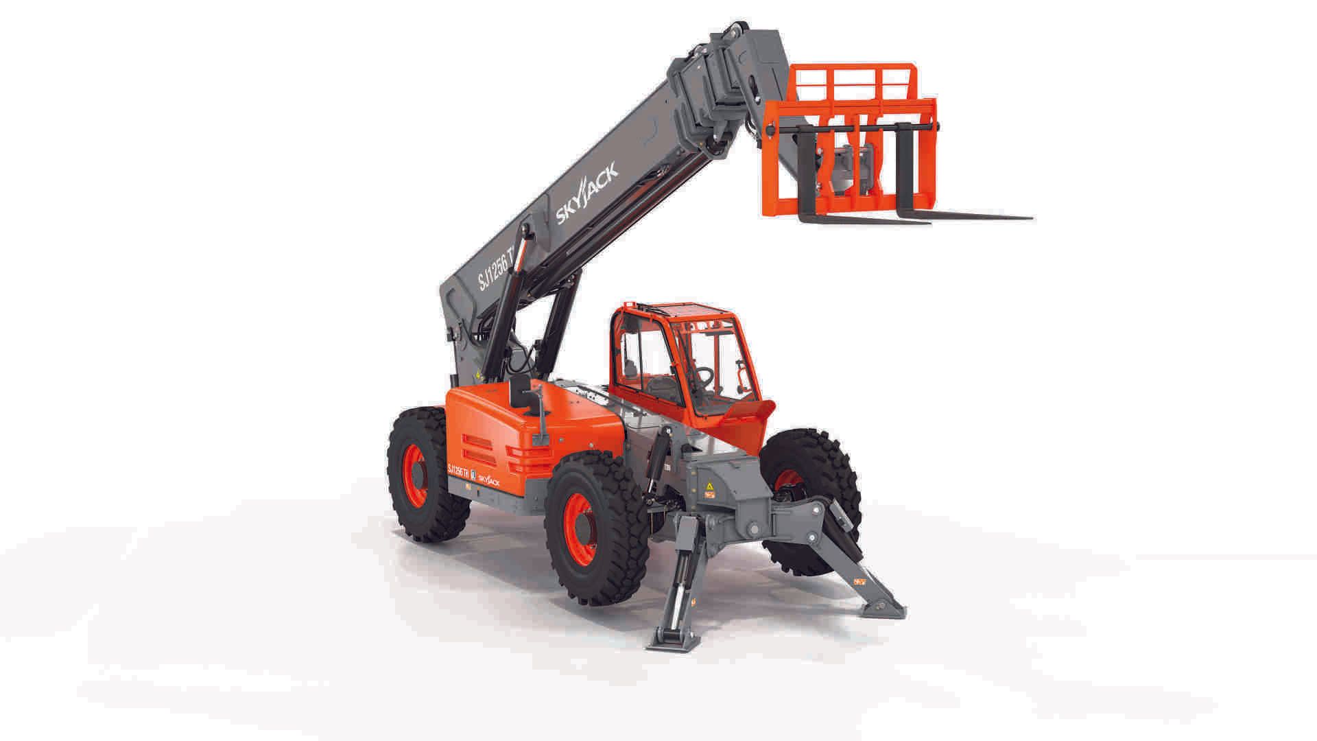 A red and gray forklift with a forklift attached to it on a white background.