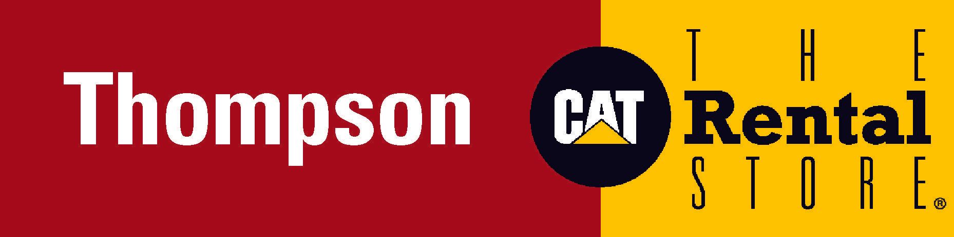 A red and yellow logo for thompson cat rental store