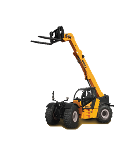 A yellow forklift with a fork on it is on a white background.