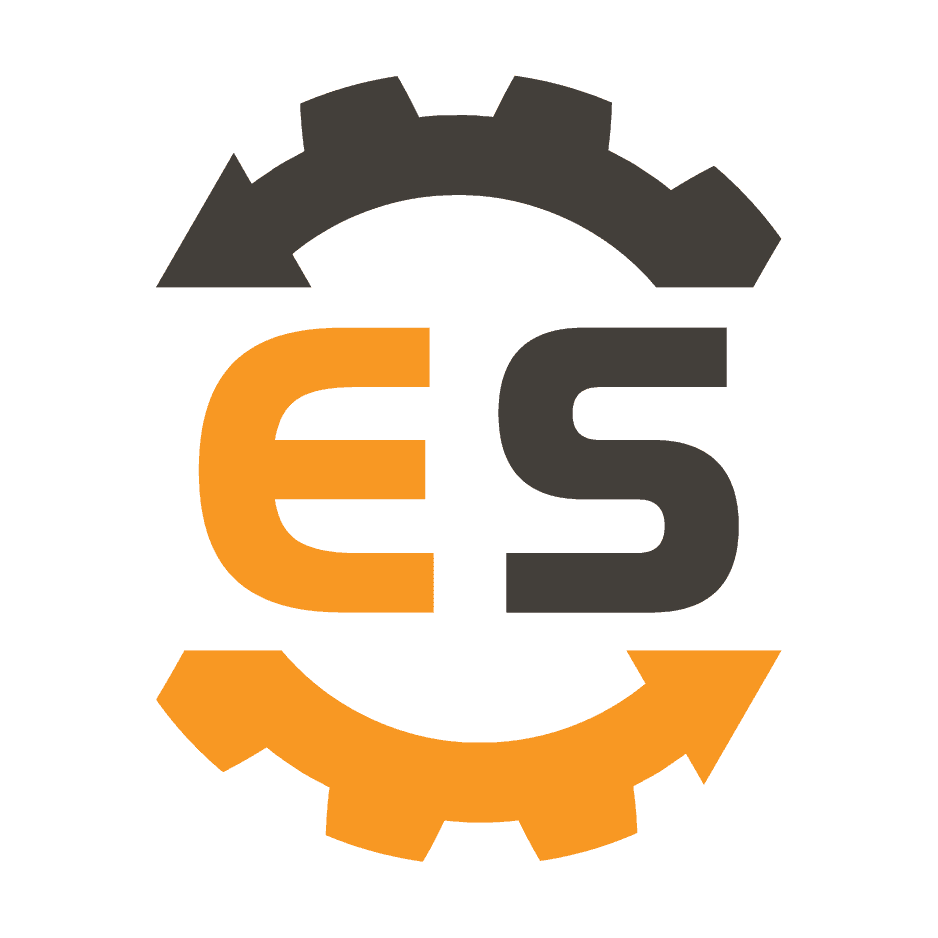 A black and orange gear with the letter s inside of it.